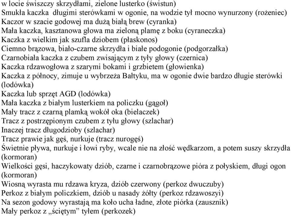 z czubem zwisającym z tyły głowy (czernica) Kaczka rdzawogłowa z szarymi bokami i grzbietem (głowienka) Kaczka z północy, zimuje u wybrzeża Bałtyku, ma w ogonie dwie bardzo długie sterówki (lodówka)