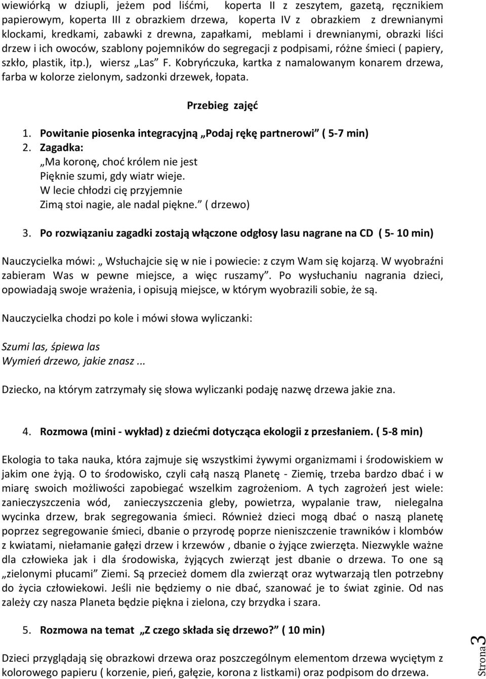 Kobryńczuka, kartka z namalowanym konarem drzewa, farba w kolorze zielonym, sadzonki drzewek, łopata. Przebieg zajęć 1. Powitanie piosenka integracyjną Podaj rękę partnerowi ( 5-7 min) 2.