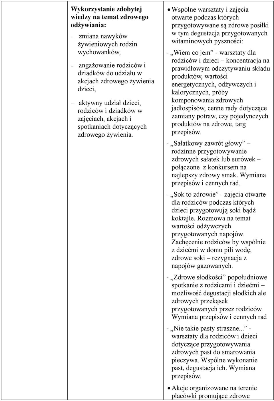 Wspólne warsztaty i zajęcia otwarte podczas których przygotowywane są zdrowe posiłki w tym degustacja przygotowanych witaminowych pyszności: - Wiem co jem - warsztaty dla rodziców i dzieci