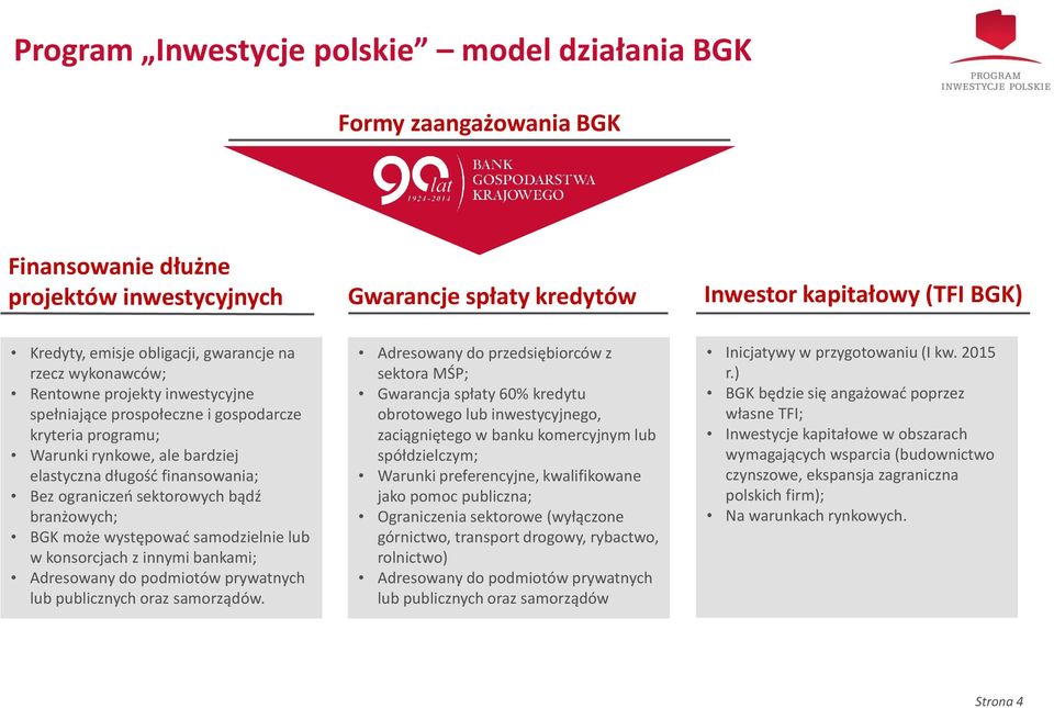 sektorowych bądź branżowych; BGK może występować samodzielnie lub w konsorcjach z innymi bankami; Adresowany do podmiotów prywatnych lub publicznych oraz samorządów.