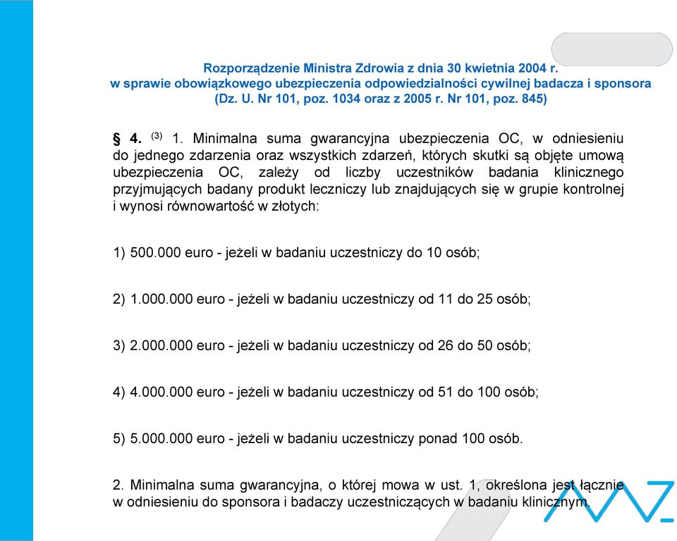 Minimalna suma gwarancyjna ubezpieczenia OC, w odniesieniu do jednego zdarzenia oraz wszystkich zdarzeń, których skutki są objęte umową ubezpieczenia OC, zależy od liczby uczestników badania