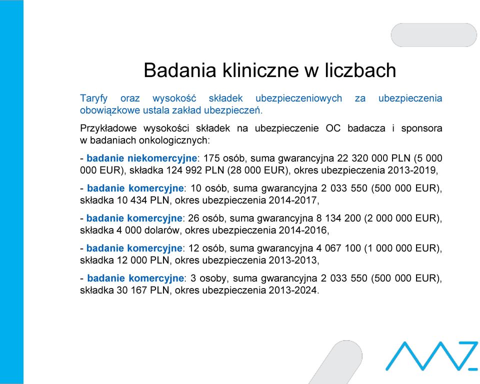 PLN (28 000 EUR), okres ubezpieczenia 2013-2019, - badanie komercyjne: 10 osób, suma gwarancyjna 2 033 550 (500 000 EUR), składka 10 434 PLN, okres ubezpieczenia 2014-2017, - badanie komercyjne: 26