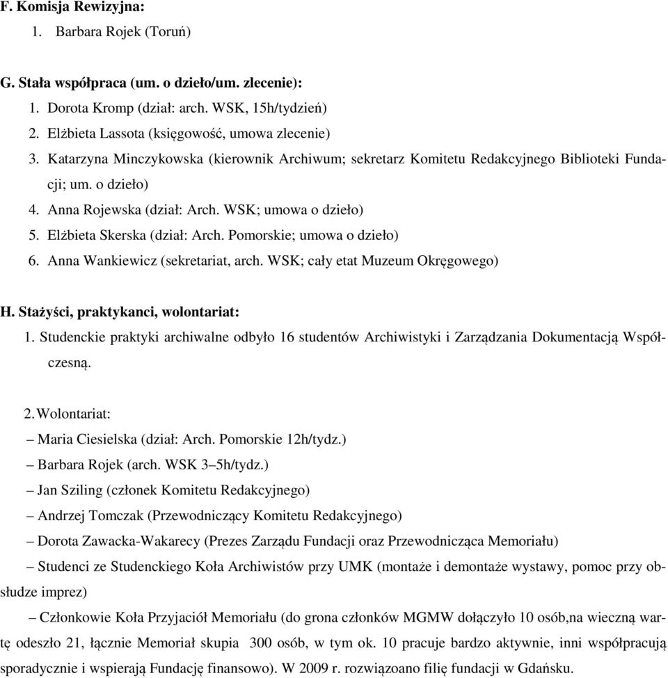 Pomorskie; umowa o dzieło) 6. Anna Wankiewicz (sekretariat, arch. WSK; cały etat Muzeum Okręgowego) H. Stażyści, praktykanci, wolontariat: 1.