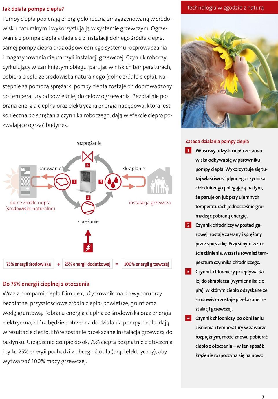 Czynnik roboczy, cyrkulujący w zamkniętym obiegu, parując w niskich temperaturach, odbiera ciepło ze środowiska naturalnego (dolne źródło ciepła).