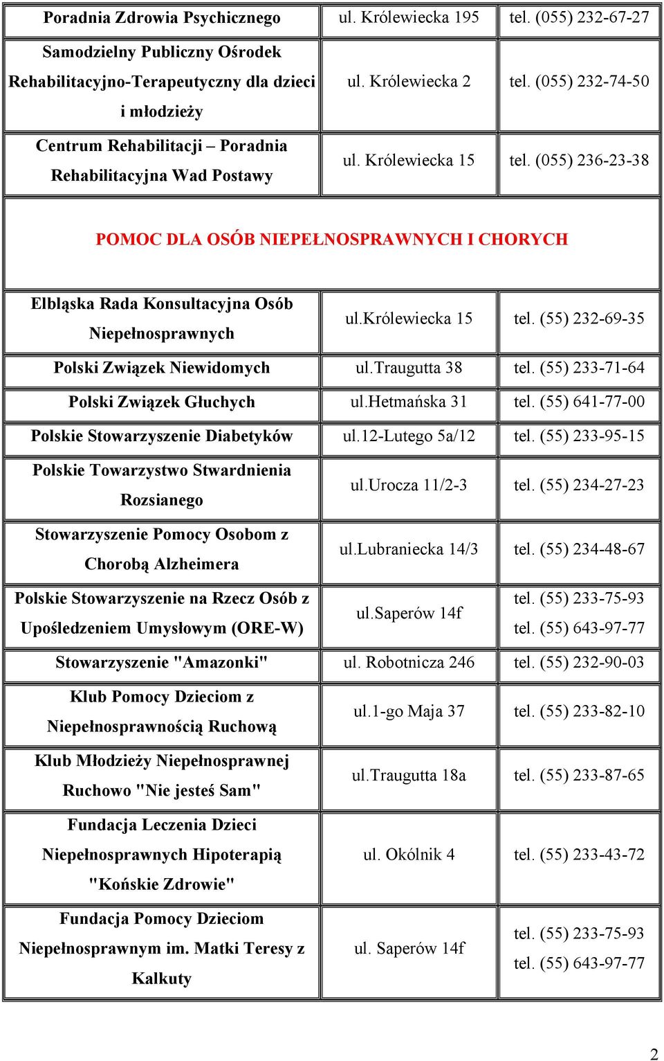 Królewiecka 15 tel. (055) 236-23-38 POMOC DLA OSÓB NIEPEŁNOSPRAWNYCH I CHORYCH Elbląska Rada Konsultacyjna Osób Niepełnosprawnych ul.królewiecka 15 tel. (55) 232-69-35 Polski Związek Niewidomych ul.