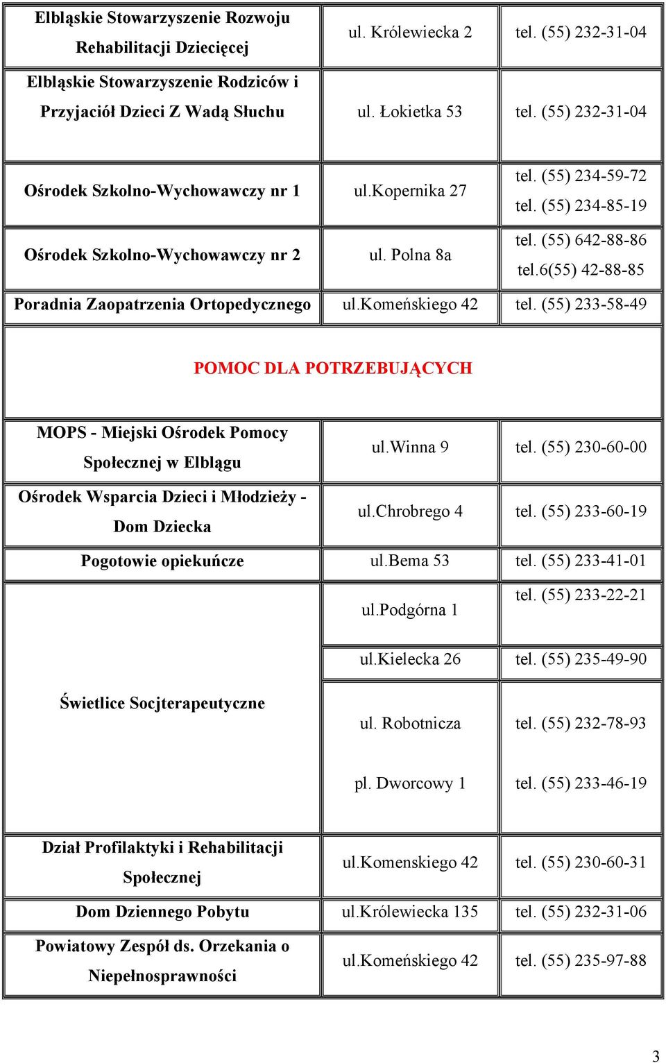 6(55) 42-88-85 Poradnia Zaopatrzenia Ortopedycznego ul.komeńskiego 42 tel.