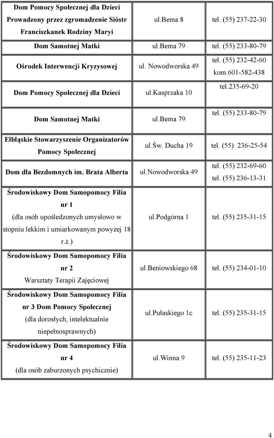 (55) 233-80-79 Elbląskie Stowarzyszenie Organizatorów Pomocy Społecznej ul.św. Ducha 19 tel. (55) 236-25-54 Dom dla Bezdomnych im. Brata Alberta ul.nowodworska 49 tel. (55) 232-69-60 tel.