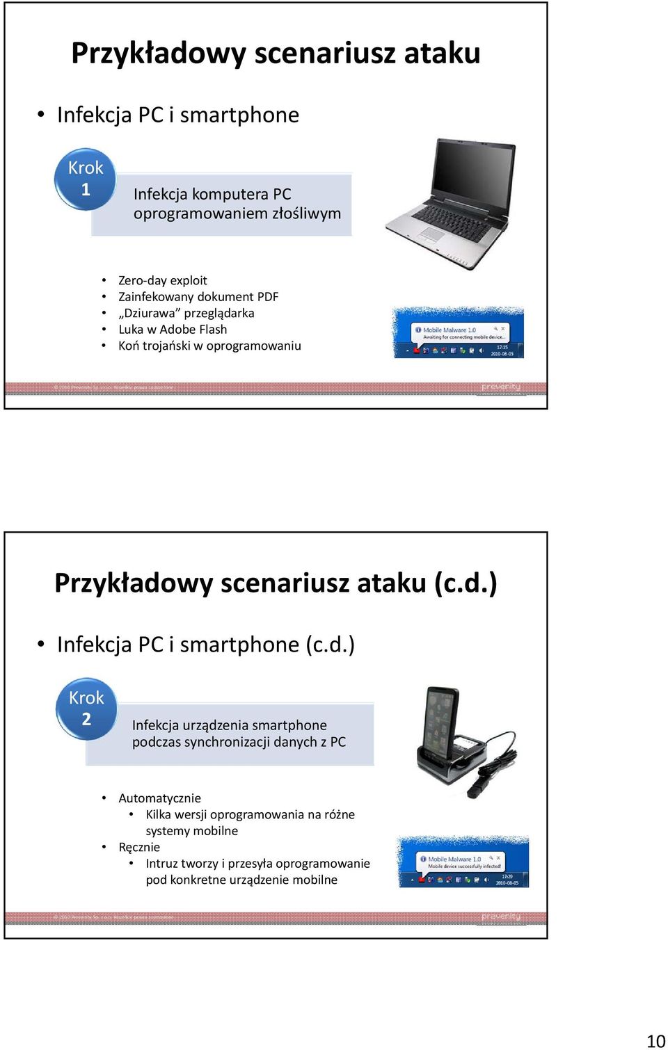 (c.d.) Infekcja PC i smartphone (c.d.) Krok 2 Infekcja urządzenia smartphone podczas synchronizacji danych z PC Automatycznie