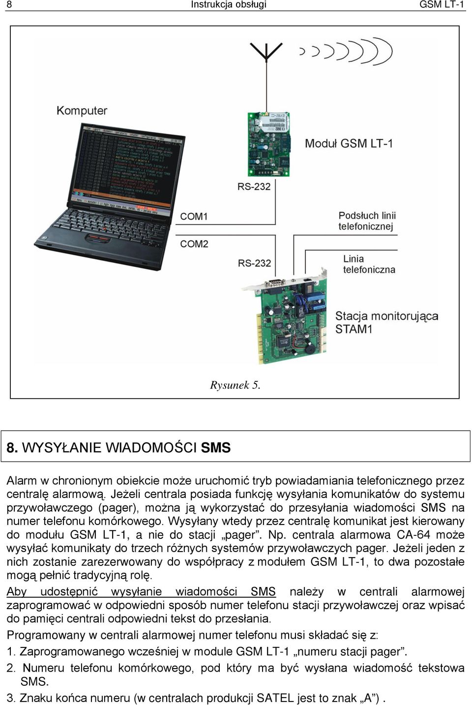 Wysyłany wtedy przez centralę komunikat jest kierowany do modułu GSM LT-1, a nie do stacji pager. Np. centrala alarmowa CA-64 może wysyłać komunikaty do trzech różnych systemów przywoławczych pager.
