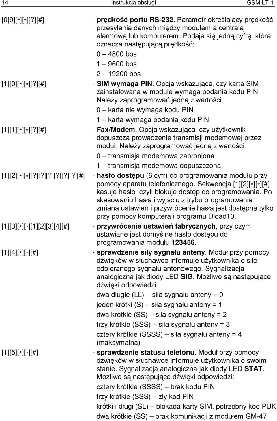 Opcja wskazująca, czy karta SIM zainstalowana w module wymaga podania kodu PIN. Należy zaprogramować jedną z wartości: 0 karta nie wymaga kodu PIN 1 karta wymaga podania kodu PIN [1][1][ * ][ * ][?