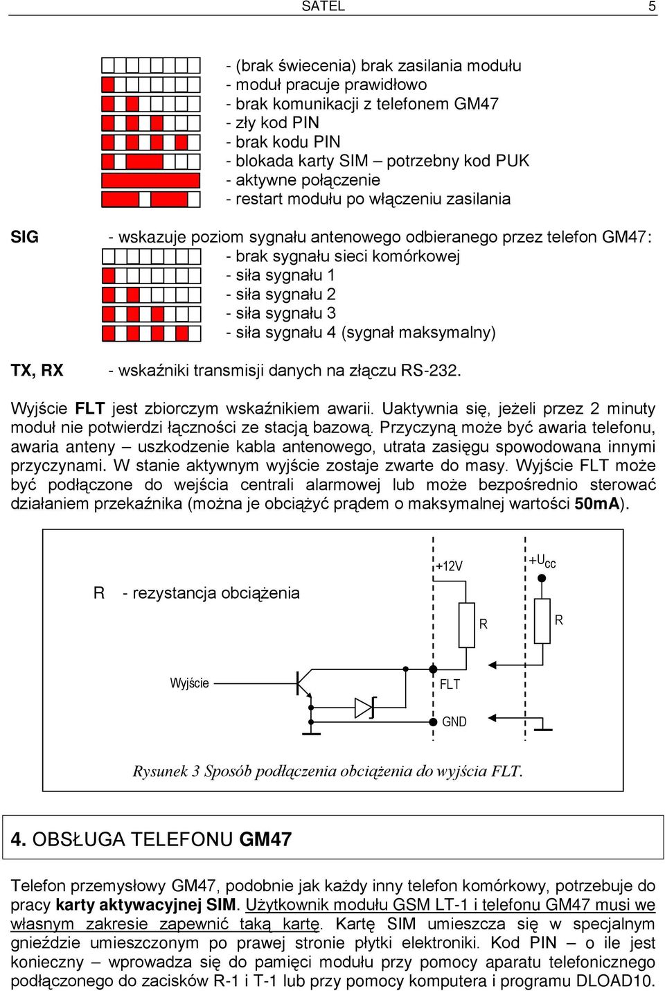 siła sygnału 3 - siła sygnału 4 (sygnał maksymalny) - wskaźniki transmisji danych na złączu RS-232. Wyjście FLT jest zbiorczym wskaźnikiem awarii.