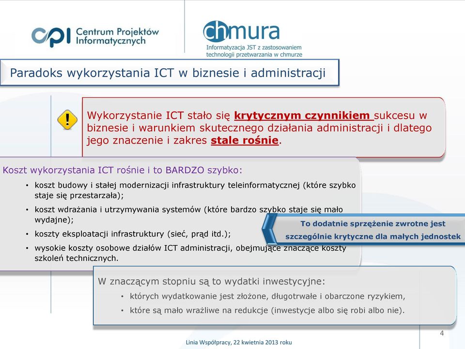 Koszt wykorzystania ICT rośnie i to BARDZO szybko: koszt budowy i stałej modernizacji infrastruktury teleinformatycznej (które szybko staje się przestarzała); koszt wdrażania i utrzymywania systemów