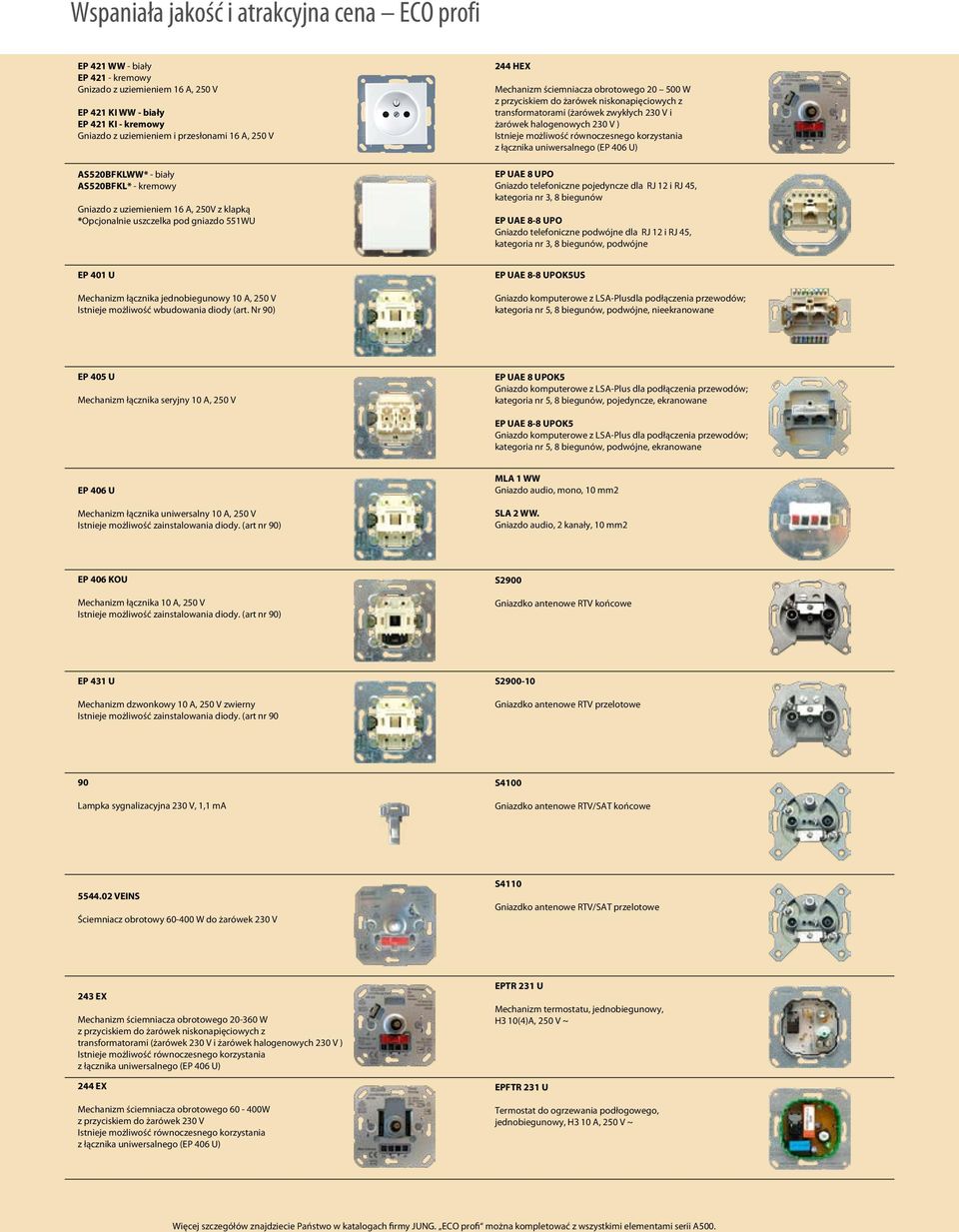 żarówek niskonapięciowych z transformatorami (żarówek zwykłych 230 V i żarówek halogenowych 230 V ) Istnieje możliwość równoczesnego korzystania z łącznika uniwersalnego (EP 406 U) EP UAE 8 UPO