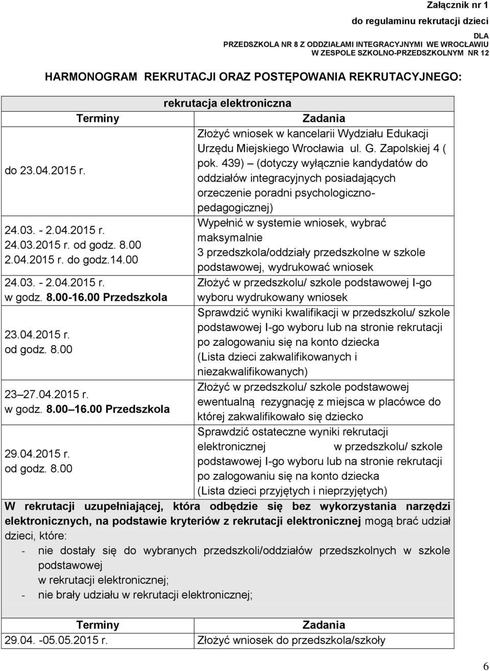 04.2015 r. w godz. 8.00 16.00 Przedszkola 29.04.2015 r. od godz. 8.00 rekrutacja elektroniczna Zadania Złożyć wniosek w kancelarii Wydziału Edukacji Urzędu Miejskiego Wrocławia ul. G.