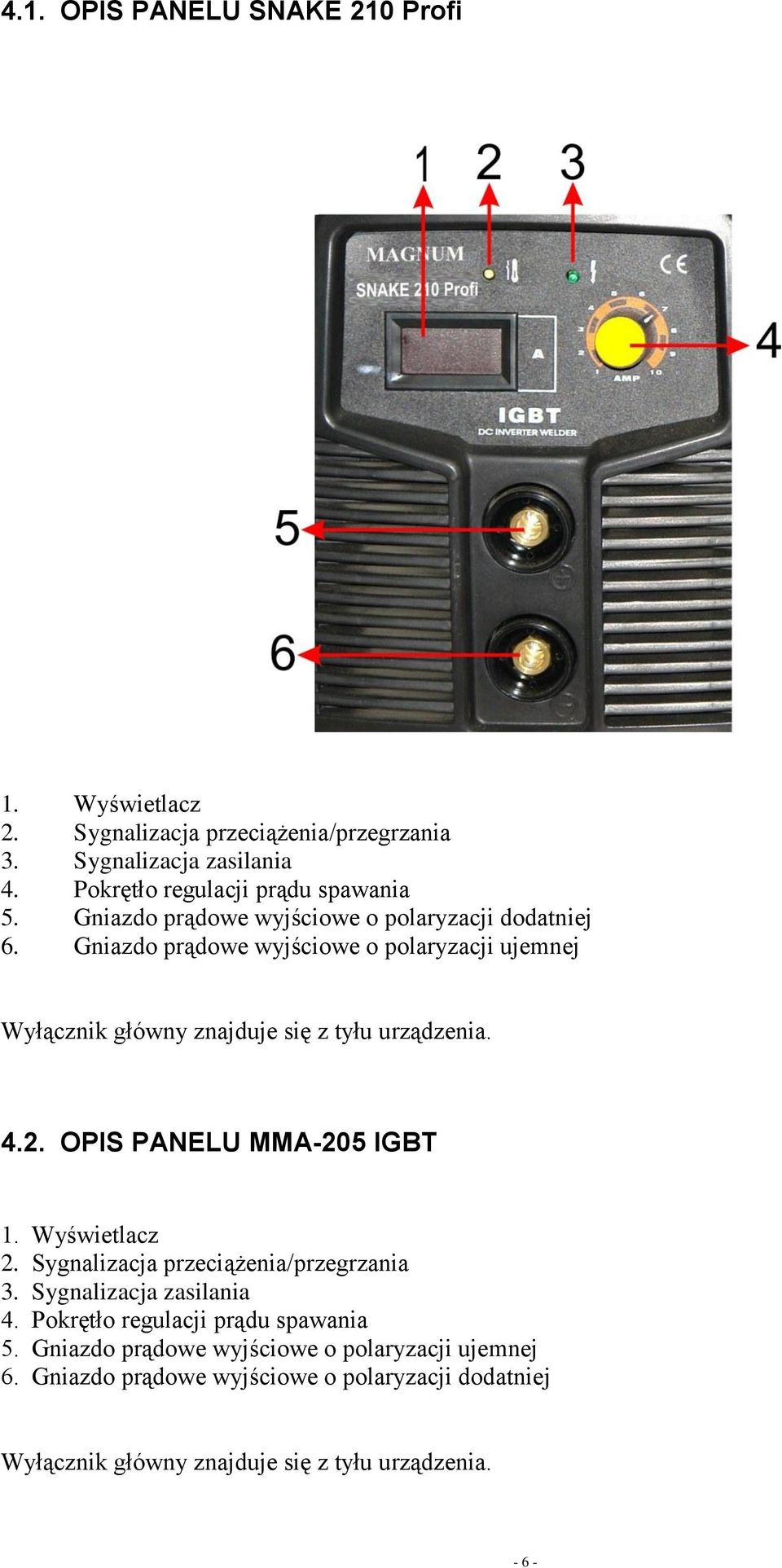 Gniazdo prądowe wyjściowe o polaryzacji ujemnej Wyłącznik główny znajduje się z tyłu urządzenia. 4.2. OPIS PANELU MMA-205 IGBT 1. Wyświetlacz 2.