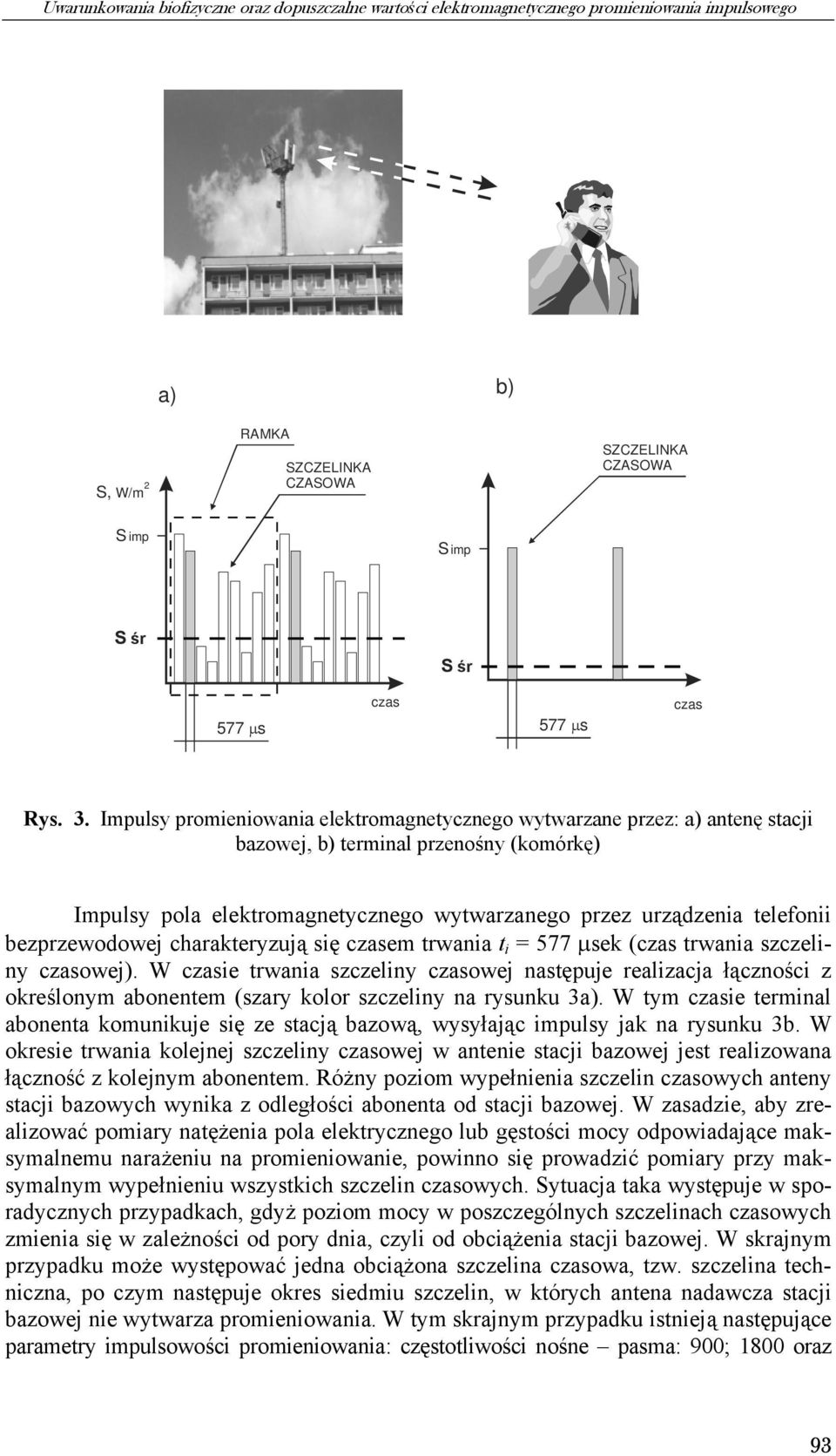Impulsy promieniowania elektromagnetycznego wytwarzane przez: a) antenę stacji bazowej, b) terminal przenośny (komórkę) Impulsy pola elektromagnetycznego wytwarzanego przez urządzenia telefonii
