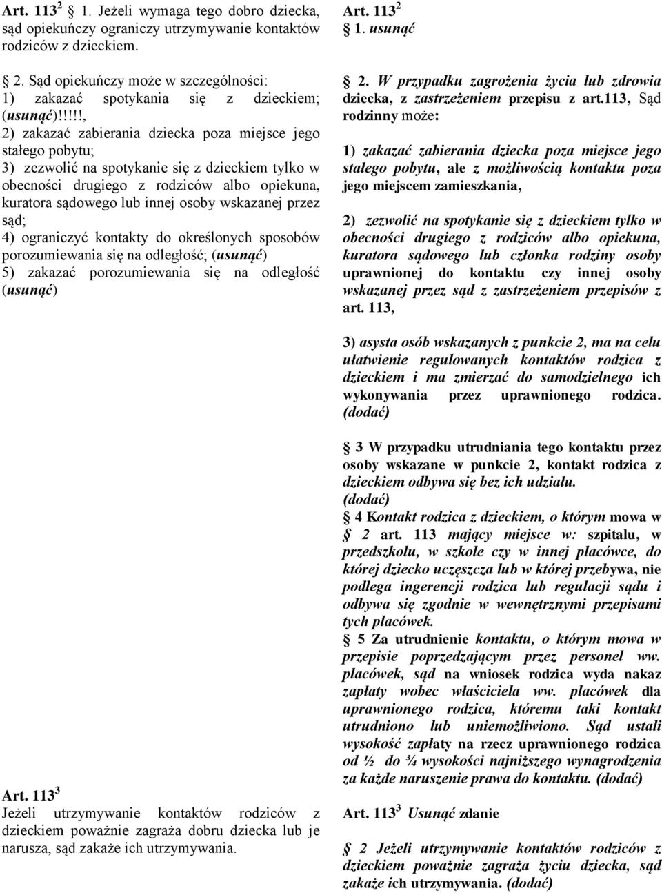 wskazanej przez sąd; 4) ograniczyć kontakty do określonych sposobów porozumiewania się na odległość; (usunąć) 5) zakazać porozumiewania się na odległość (usunąć) Art. 113 2 1. usunąć 2.