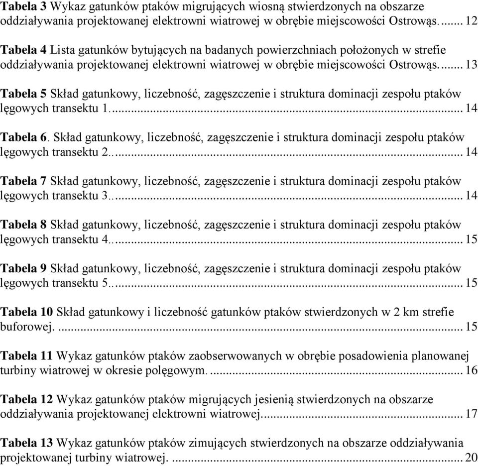... 13 Tabela 5 Skład gatunkowy, liczebność, zagęszczenie i struktura dominacji zespołu ptaków lęgowych transektu 1.... 14 Tabela 6.