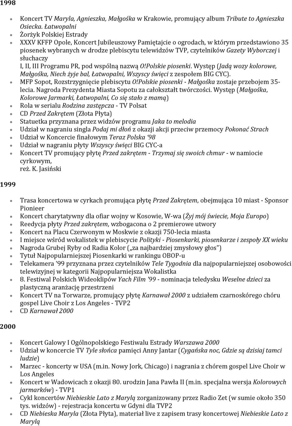Wyborczej i słuchaczy I, II, III Programu PR, pod wspólną nazwą O!Polskie piosenki. Występ (Jadą wozy kolorowe, Małgośka, Niech żyje bal, Łatwopalni, Wszyscy święci z zespołem BIG CYC).