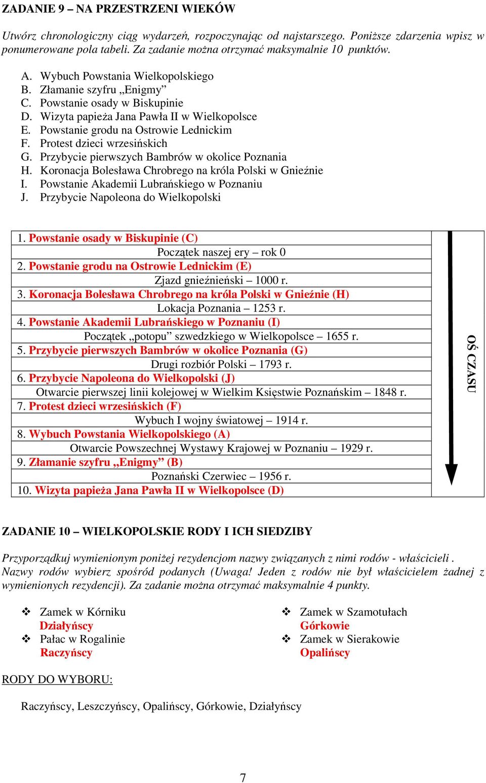 Powstanie grodu na Ostrowie Lednickim F. Protest dzieci wrzesińskich G. Przybycie pierwszych Bambrów w okolice Poznania H. Koronacja Bolesława Chrobrego na króla Polski w Gnieźnie I.