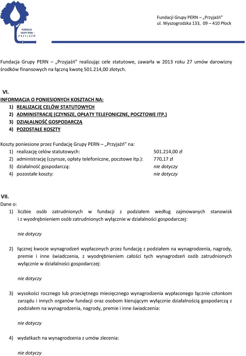 ) 3) DZIAŁALNOŚĆ GOSPODARCZĄ 4) POZOSTAŁE KOSZTY Koszty poniesione przez Fundację Grupy PERN Przyjaźń na: 1) realizację celów statutowych: 501.