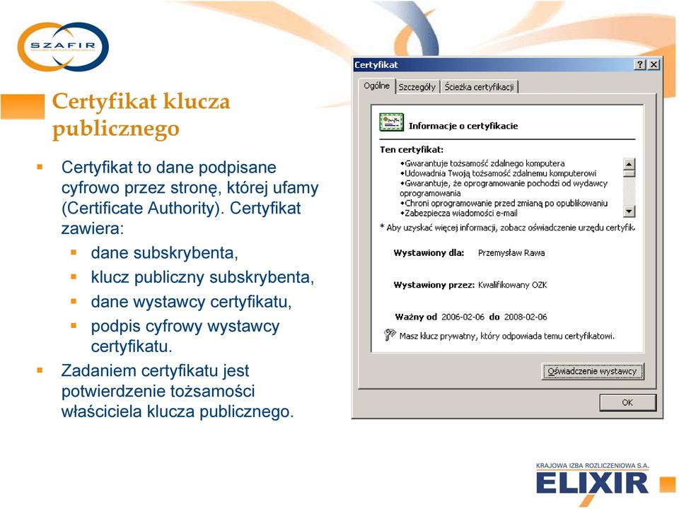 Certyfikat zawiera: dane subskrybenta, klucz publiczny subskrybenta, dane wystawcy