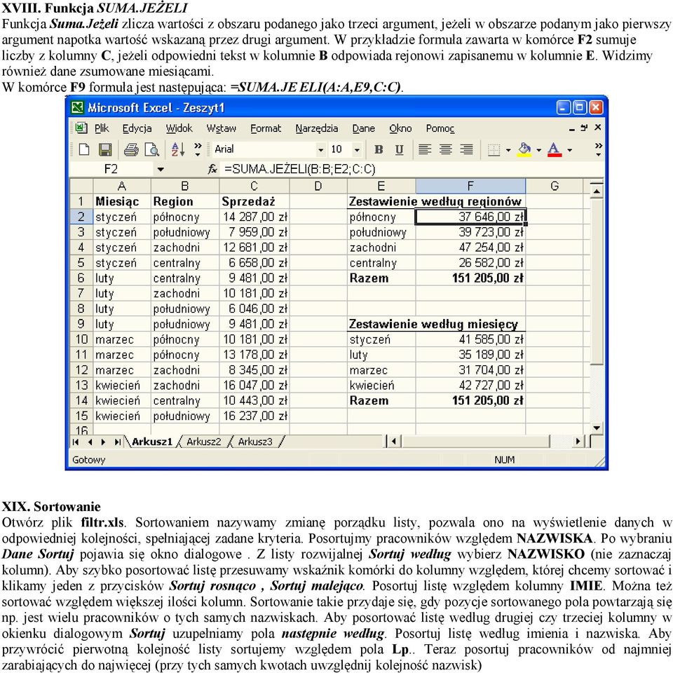 W komórce F9 formuła jest następująca: =SUMA.JE ELI(A:A,E9,C:C). XIX. Sortowanie Otwórz plik filtr.xls.
