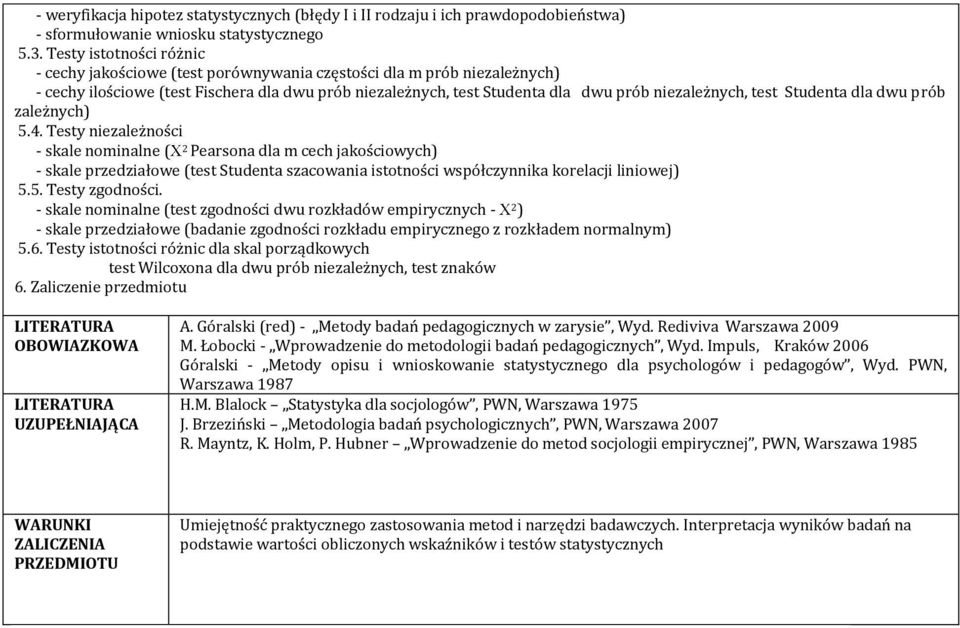 Studenta dla dwu prób zależnych) 5.4. Testy niezależnści - skale nminalne ( 2 Pearsna dla m cech jakściwych) - skale przedziałwe (test Studenta szacwania isttnści współczynnika krelacji liniwej) 5.5. Testy zgdnści.