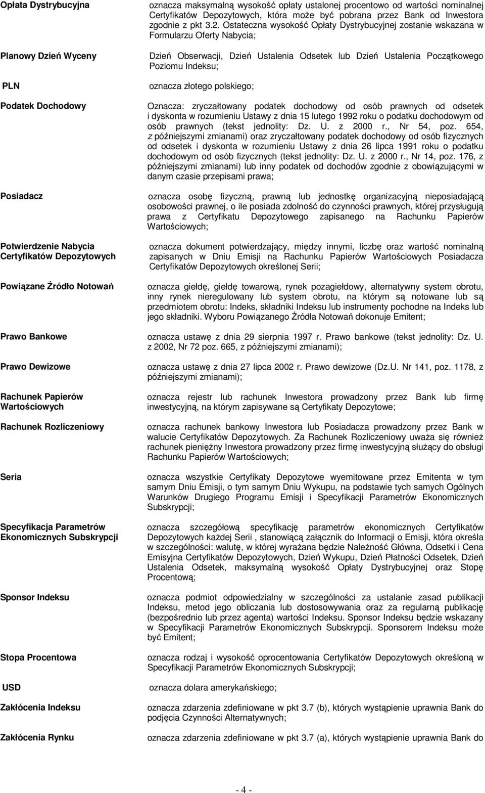 Ostateczna wysokość Opłaty Dystrybucyjnej zostanie wskazana w Formularzu Oferty Nabycia; Dzień Obserwacji, Dzień Ustalenia Odsetek lub Dzień Ustalenia Początkowego Poziomu Indeksu; oznacza złotego