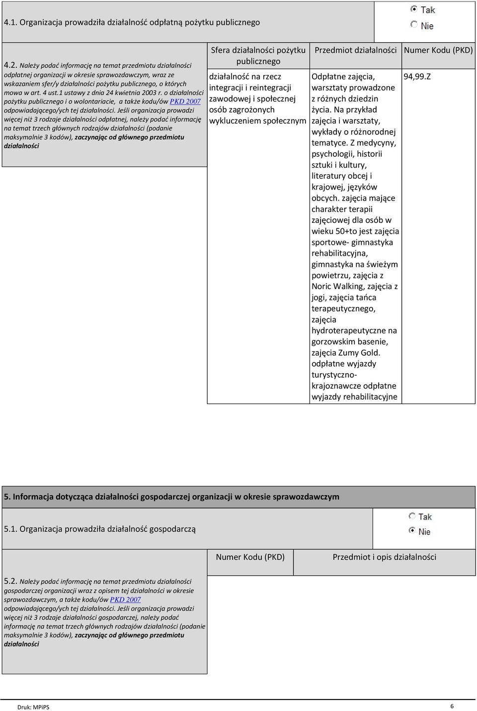 1 ustawy z dnia 24 kwietnia 2003 r. o dziaіalnoњci poїytku publicznego i o wolontariacie, a takїe kodu/уw PKD 2007 odpowiadaj cego/ych tej dziaіalnoњci.