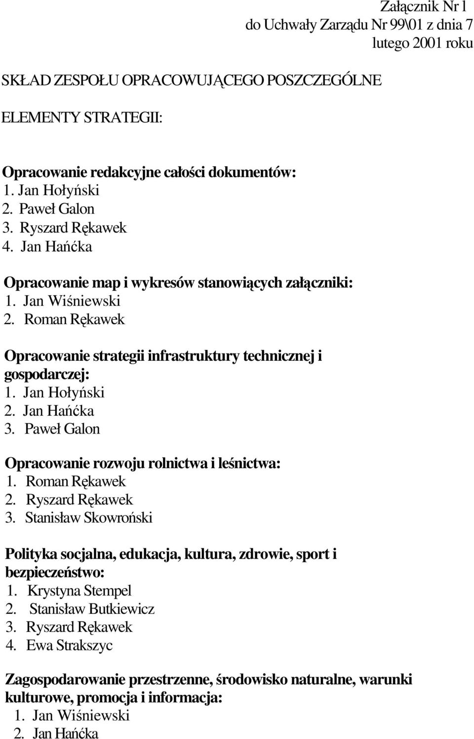 Jan Hołyński 2. Jan Hańćka 3. Paweł Galon Opracowanie rozwoju rolnictwa i leśnictwa: 1. Roman Rękawek 2. Ryszard Rękawek 3.