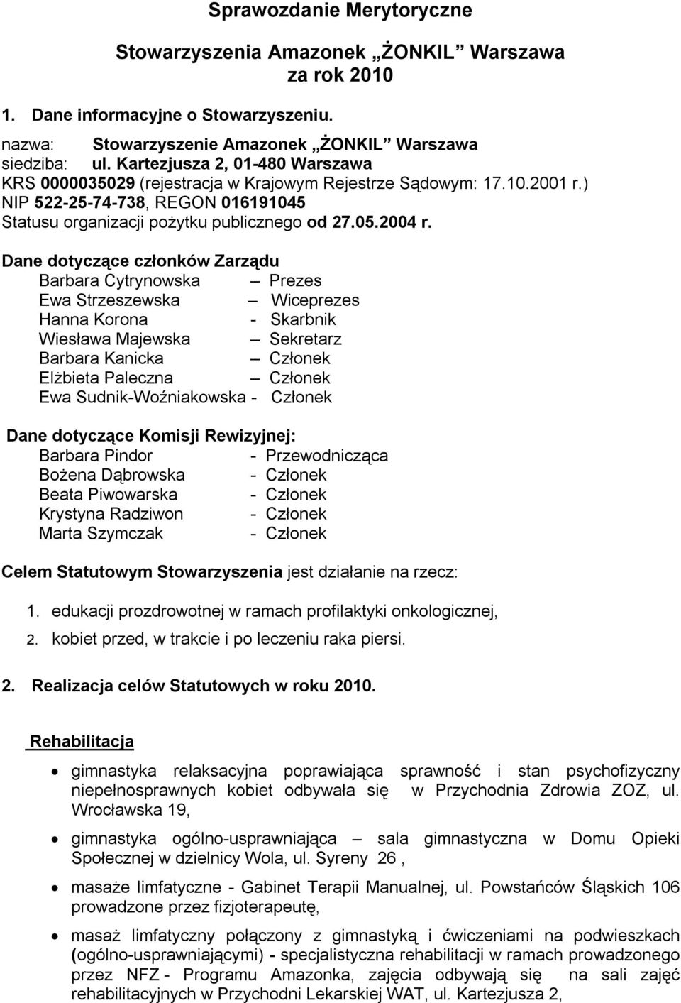 Dane dotyczące członków Zarządu Barbara Cytrynowska Prezes Ewa Strzeszewska Wiceprezes Hanna Korona - Skarbnik Wiesława Majewska Sekretarz Barbara Kanicka Członek Elżbieta Paleczna Członek Ewa