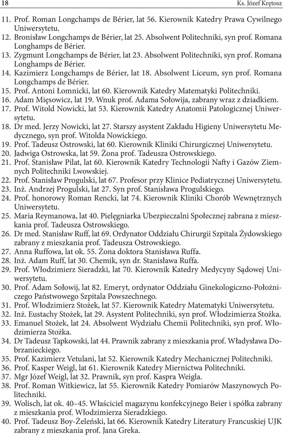 Absolwent Liceum, syn prof. Romana Longchamps de Bérier. 15. Prof. Antoni Łomnicki, lat 60. Kierownik Katedry Matematyki Politechniki. 16. Adam Mięsowicz, lat 19. Wnuk prof.
