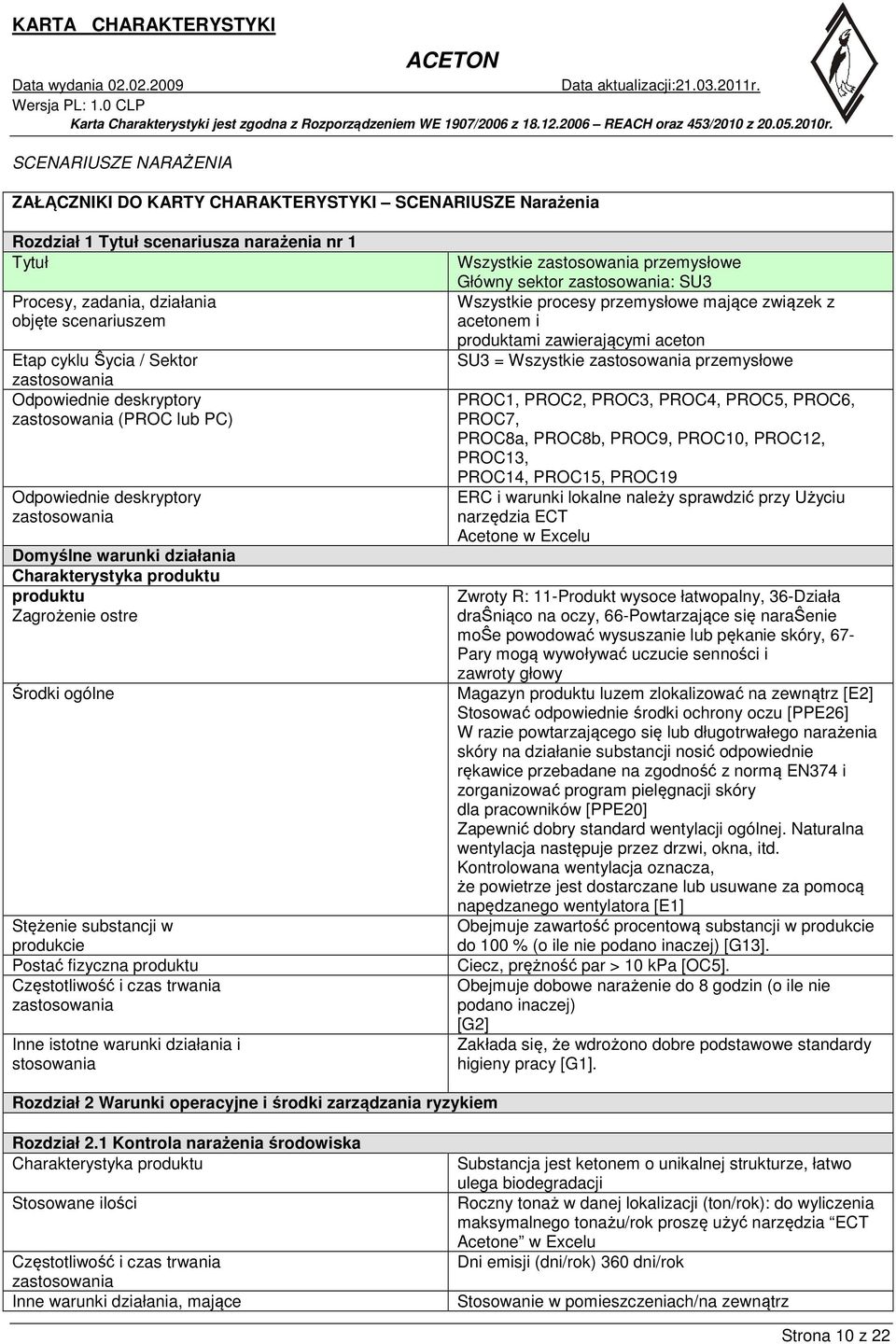 Stężenie substancji w produkcie Postać fizyczna produktu Częstotliwość i czas trwania zastosowania Inne istotne warunki działania i stosowania Wszystkie zastosowania przemysłowe Główny sektor