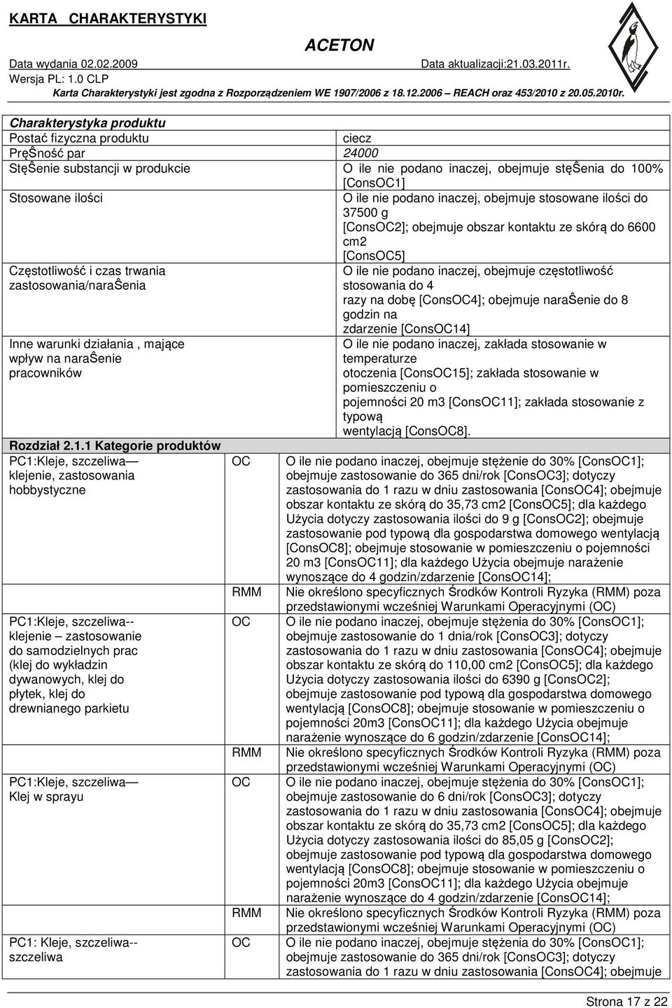 zastosowania/naraŝenia stosowania do 4 razy na dobę [Cons4]; obejmuje naraŝenie do 8 godzin na Inne warunki działania, mające wpływ na naraŝenie pracowników Rozdział 2.1.