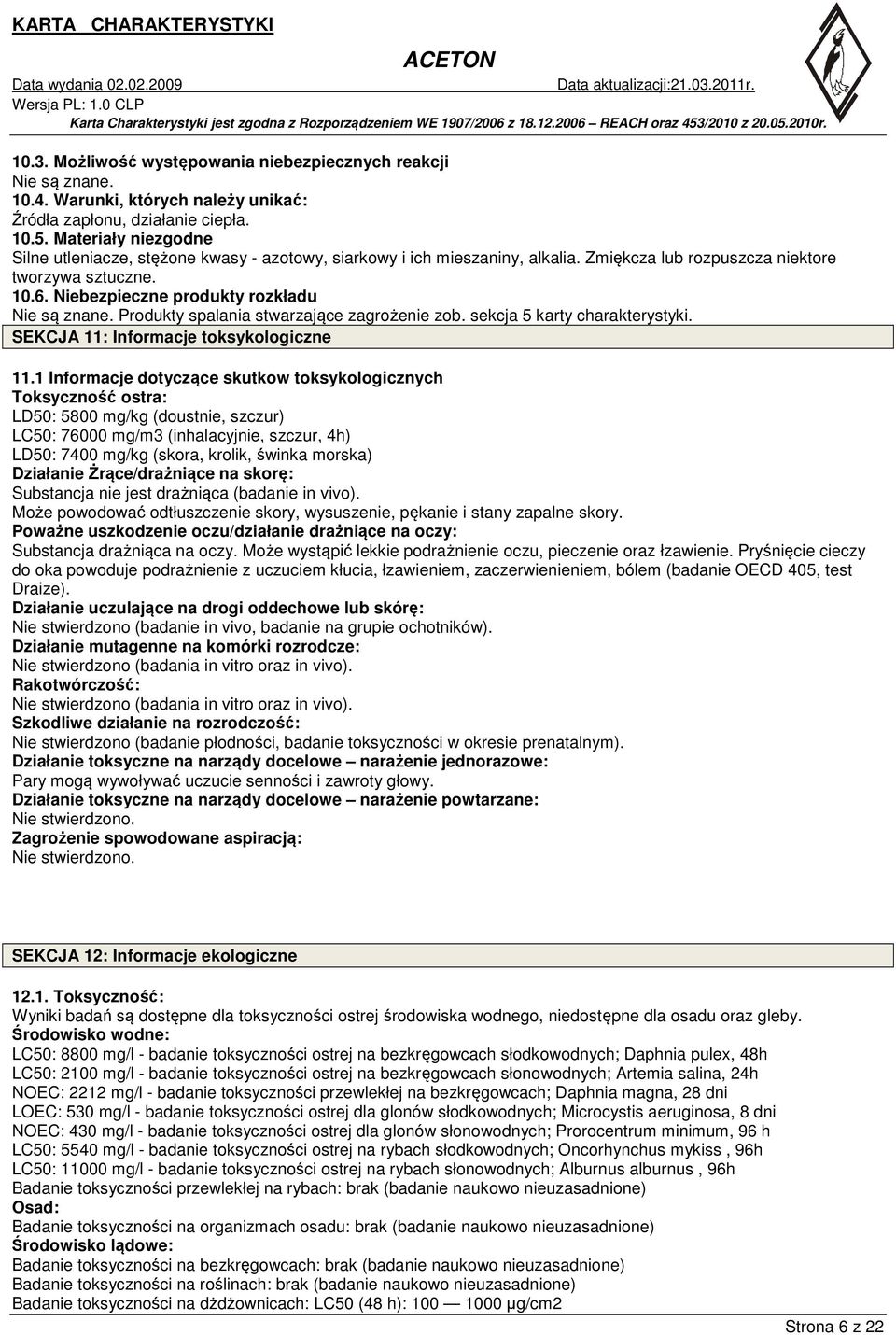 Niebezpieczne produkty rozkładu Nie są znane. Produkty spalania stwarzające zagrożenie zob. sekcja 5 karty charakterystyki. SEKCJA 11: Informacje toksykologiczne 11.
