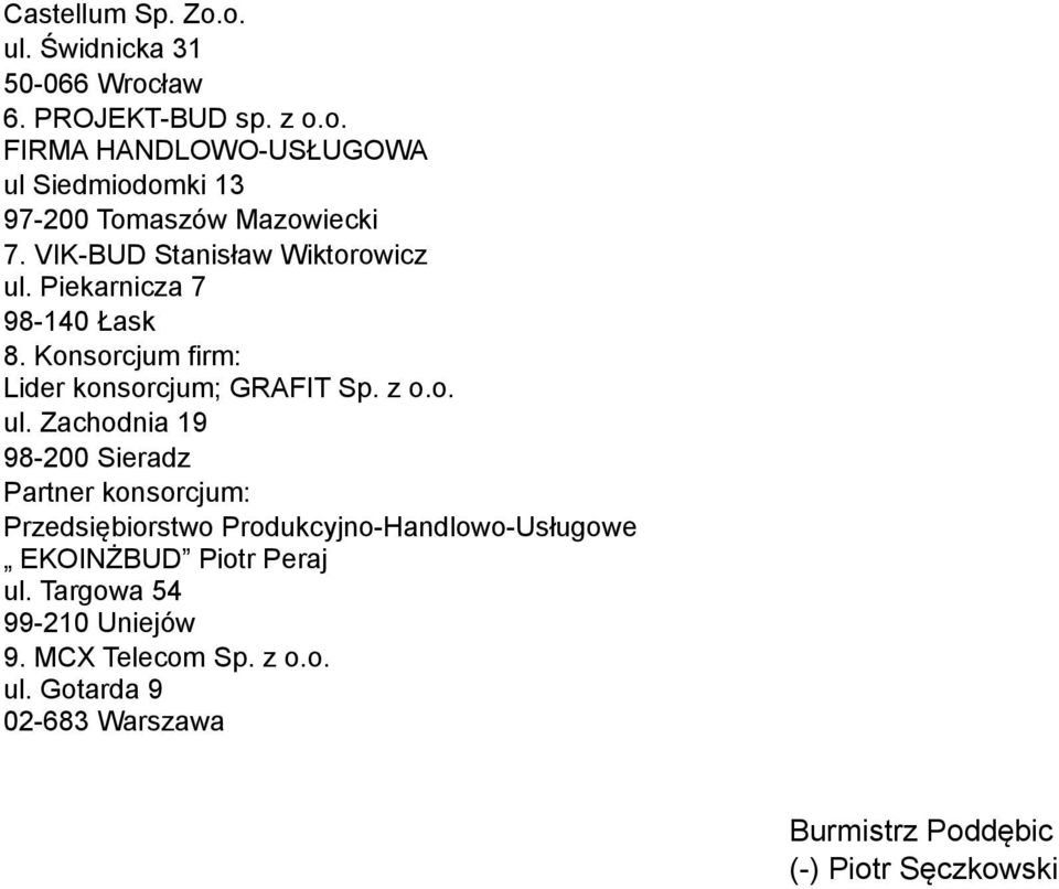 Piekarnicza 7 98-140 Łask 8. Konsorcjum firm: Lider konsorcjum; GRAFIT Sp. z o.o. ul.