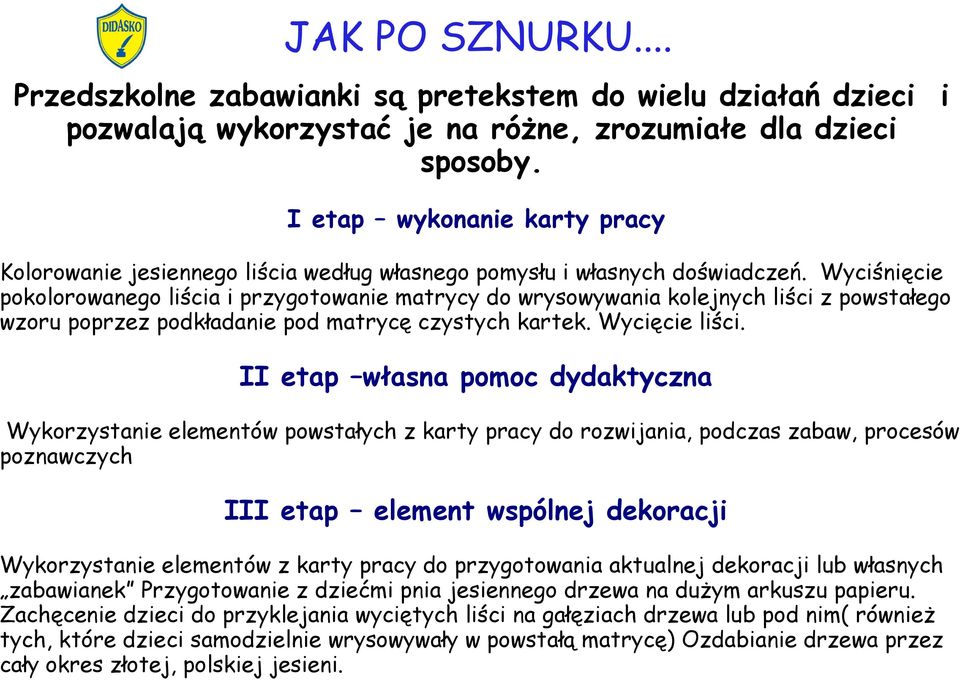 Wyciśnięcie pokolorowanego liścia i przygotowanie matrycy do wrysowywania kolejnych liści z powstałego wzoru poprzez podkładanie pod matrycę czystych kartek. Wycięcie liści.