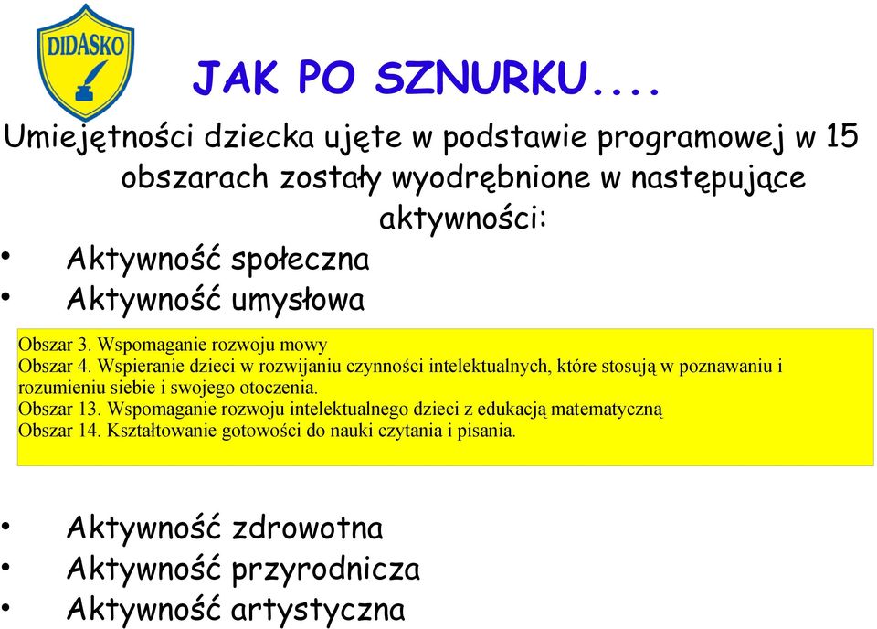 Wspieranie dzieci w rozwijaniu czynności intelektualnych, które stosują w poznawaniu i rozumieniu siebie i swojego otoczenia.