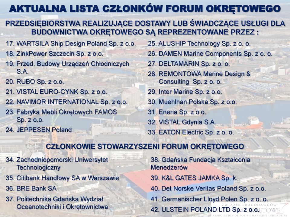 Fabryka Mebli Okrętowych FAMOS Sp. z o.o. 24. JEPPESEN Poland 25. ALUSHIP Technology Sp. z o. o. 26. DAMEN Marine Components Sp. z o. o. 27. DELTAMARIN Sp. z o. o. 28.