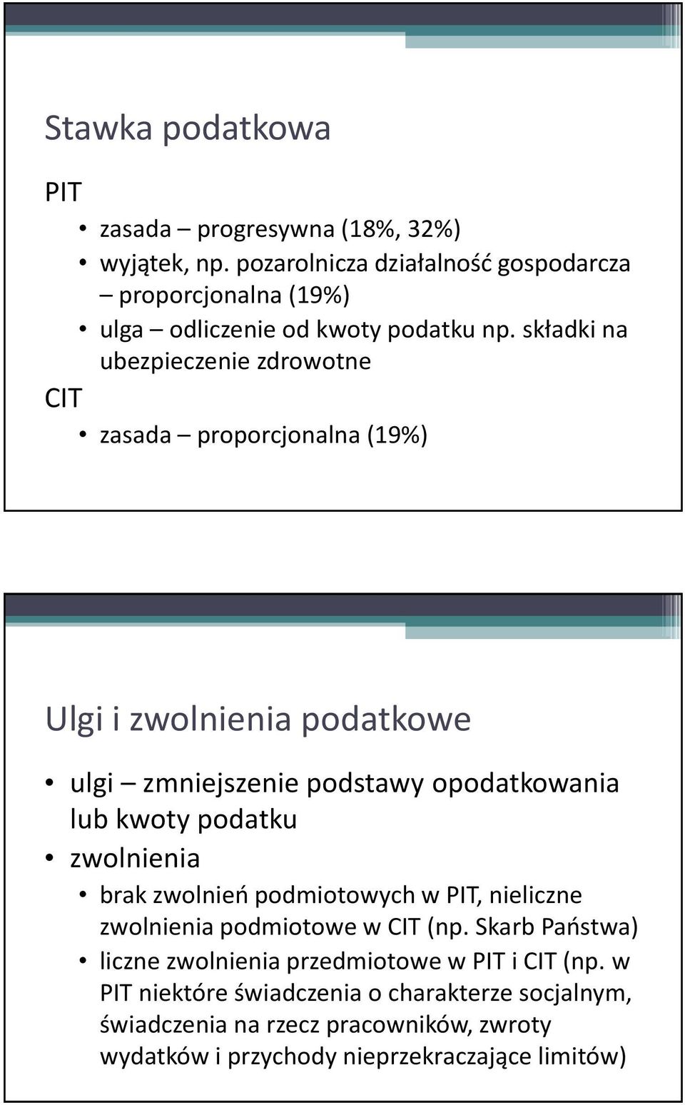 składki na ubezpieczenie zdrowotne CIT zasada proporcjonalna (19%) Ulgi i zwolnienia podatkowe ulgi zmniejszenie podstawy opodatkowania lub kwoty