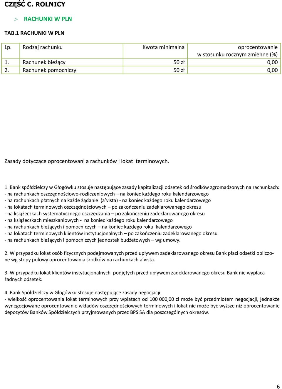 Bank spółdzielczy w Głogówku stosuje następujące zasady kapitalizacji odsetek od środków zgromadzonych na rachunkach: - na rachunkach oszczędnościowo-rozliczeniowych na koniec każdego roku