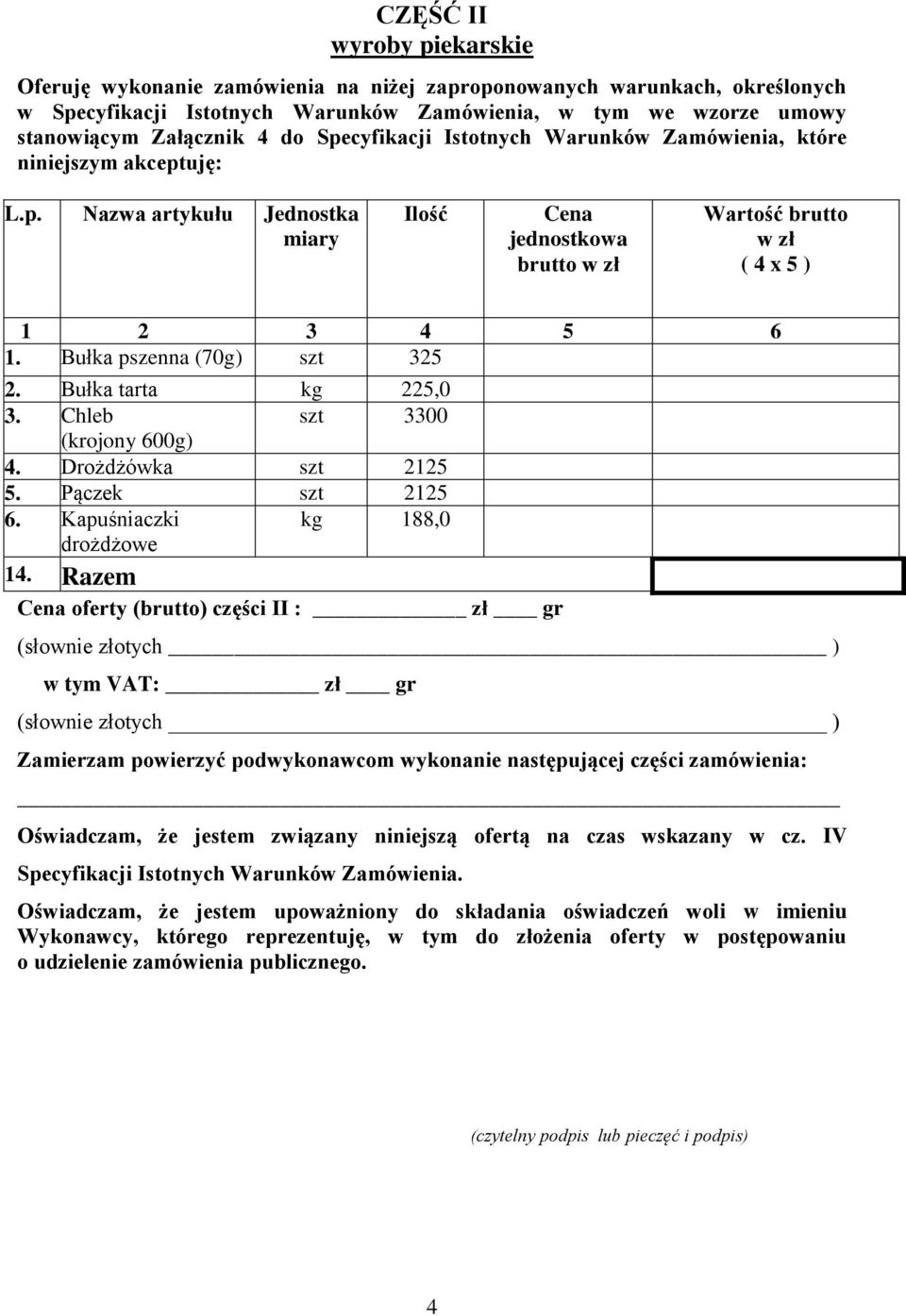 uję: L.p. Nazwa artykułu Jednostka miary Ilość Cena jednostkowa Wartość brutto w zł ( 4 x 5 ) 1 2 3 4 5 6 1.