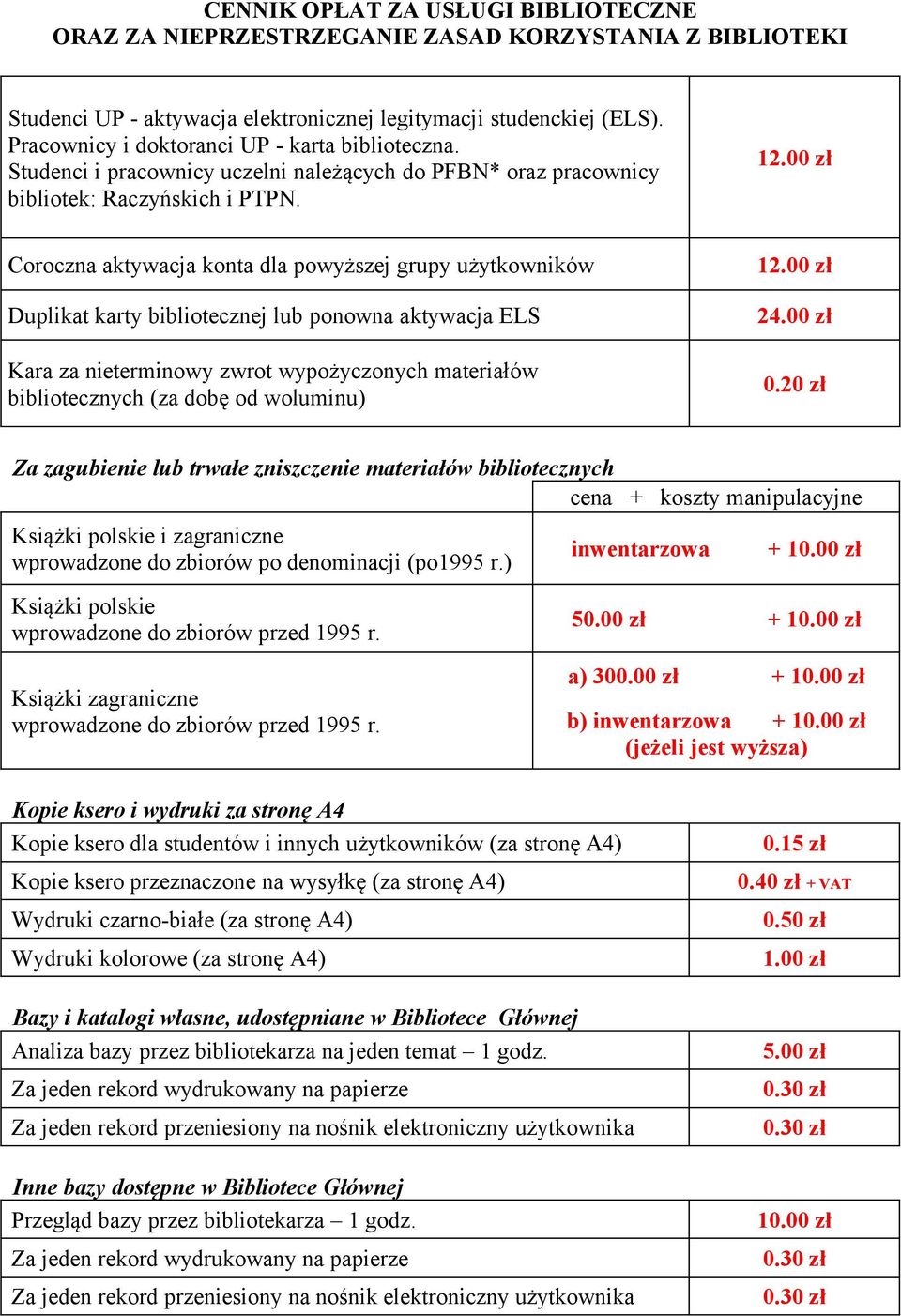 00 zł Coroczna aktywacja konta dla powyższej grupy użytkowników Duplikat karty bibliotecznej lub ponowna aktywacja ELS Kara za nieterminowy zwrot wypożyczonych materiałów bibliotecznych (za dobę od