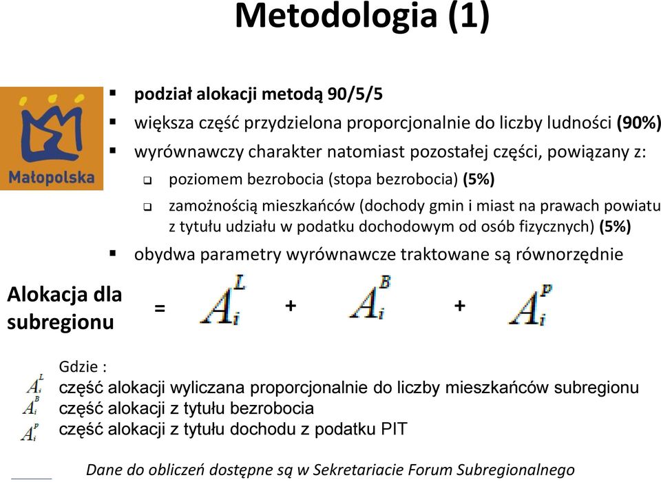 osób fizycznych) (5%) obydwa parametry wyrównawcze traktowane są równorzędnie Alokacja dla subregionu = + + Gdzie : część alokacji wyliczana proporcjonalnie do liczby