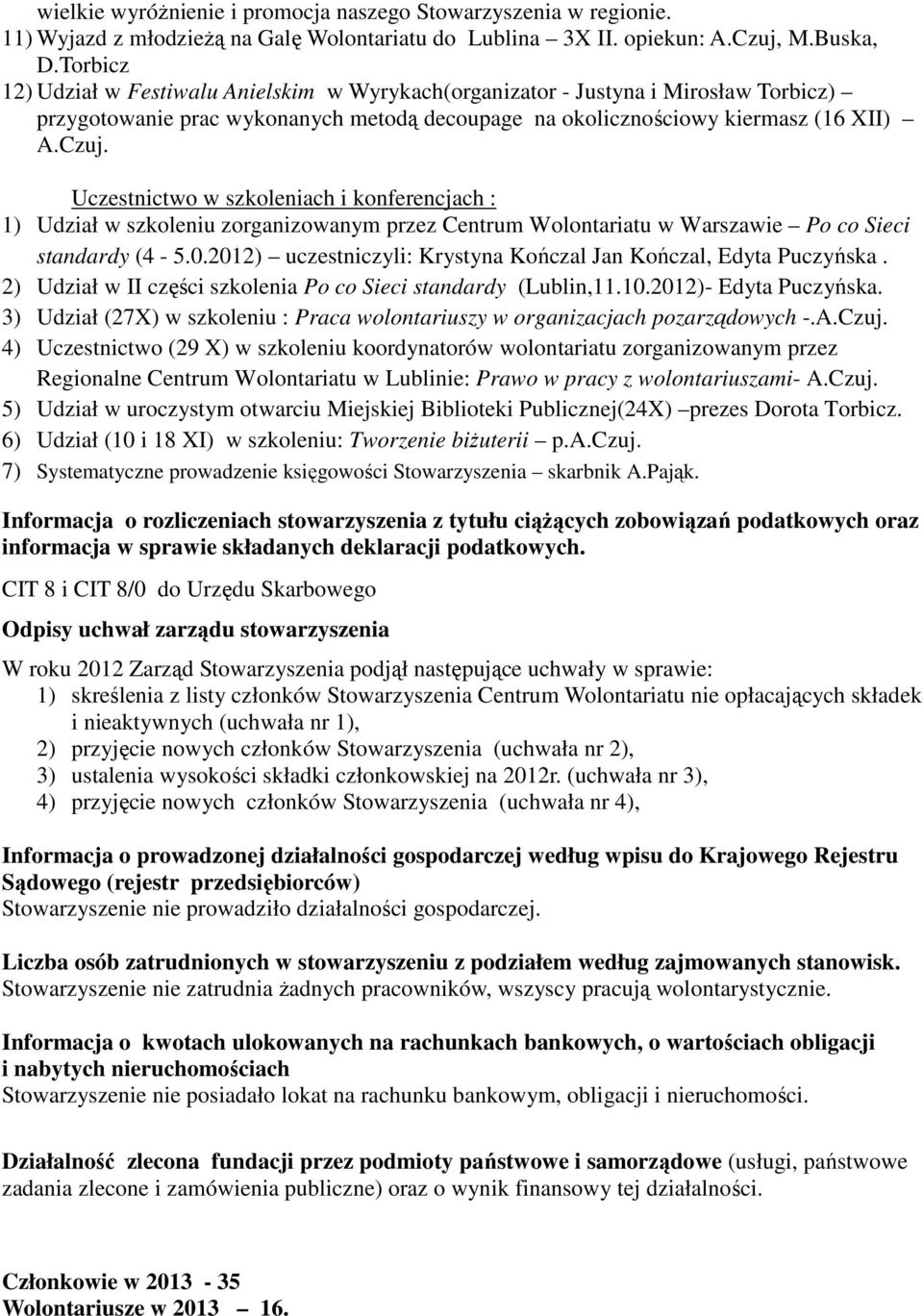 Uczestnictwo w szkoleniach i konferencjach : 1) Udział w szkoleniu zorganizowanym przez Centrum Wolontariatu w Warszawie Po co Sieci standardy (4-5.0.