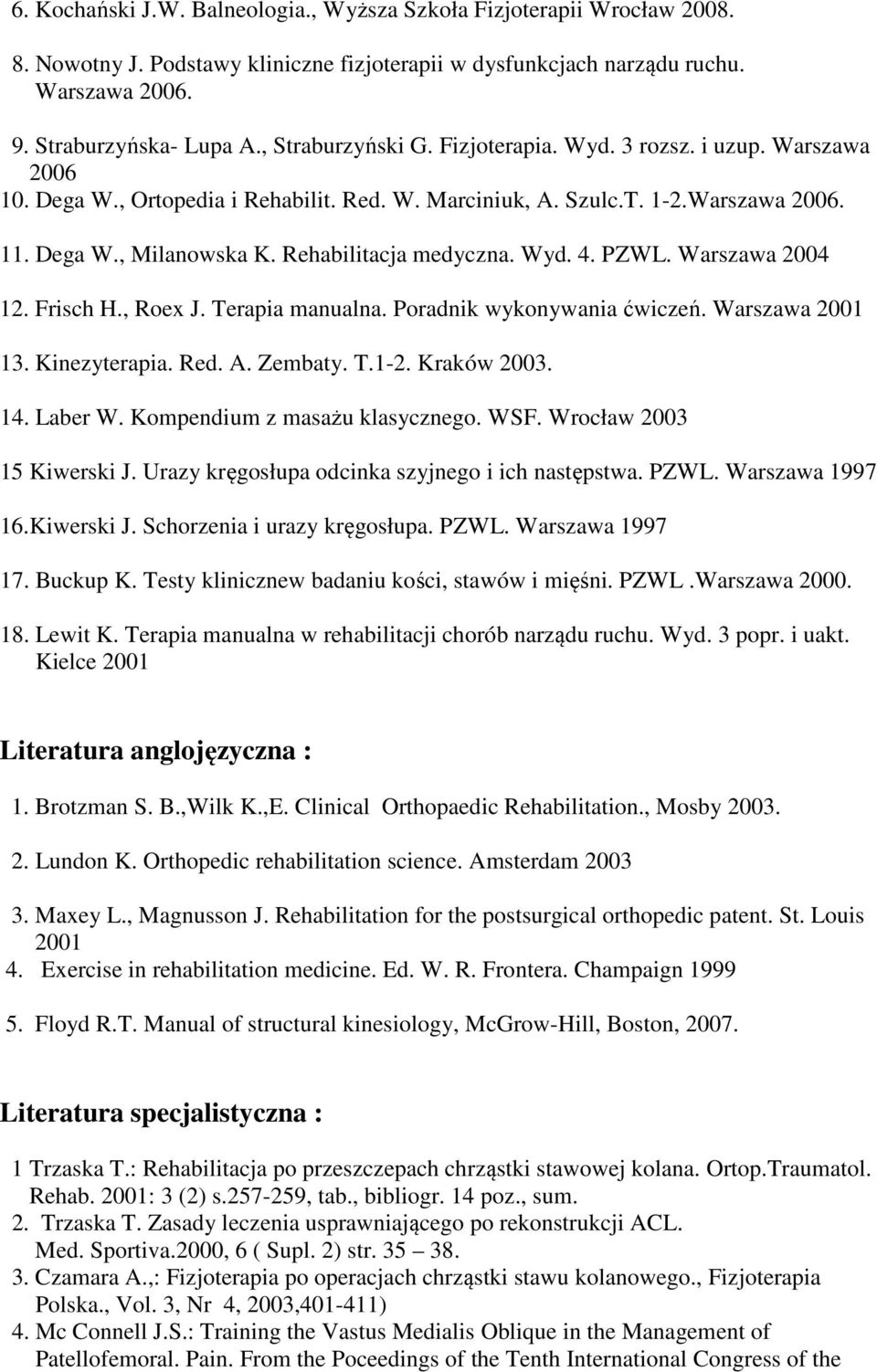 Rehabilitacja medyczna. Wyd. 4. PZWL. Warszawa 2004 12. Frisch H., Roex J. Terapia manualna. Poradnik wykonywania ćwiczeń. Warszawa 2001 13. Kinezyterapia. Red. A. Zembaty. T.1-2. Kraków 2003. 14.