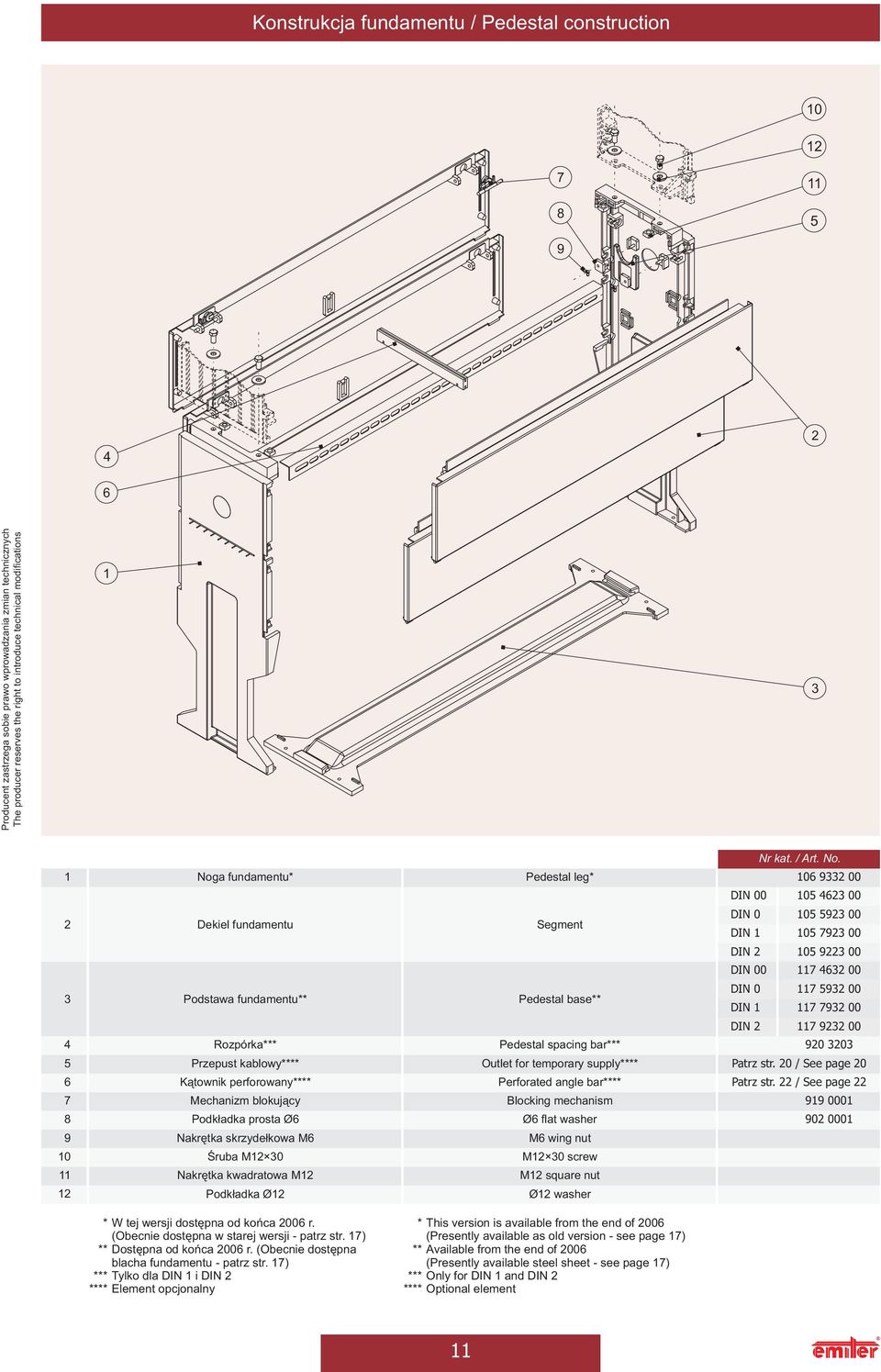 22 / See page 22 7 Mechanizm blokujący Blocking mechanism 919 0001 8 Podkładka prosta Ø6 Ø6 flat washer 902 0001 9 Nakrętka skrzydełkowa M6 11 3 Podstawa fundamentu** Pedestal base** Śruba M 30