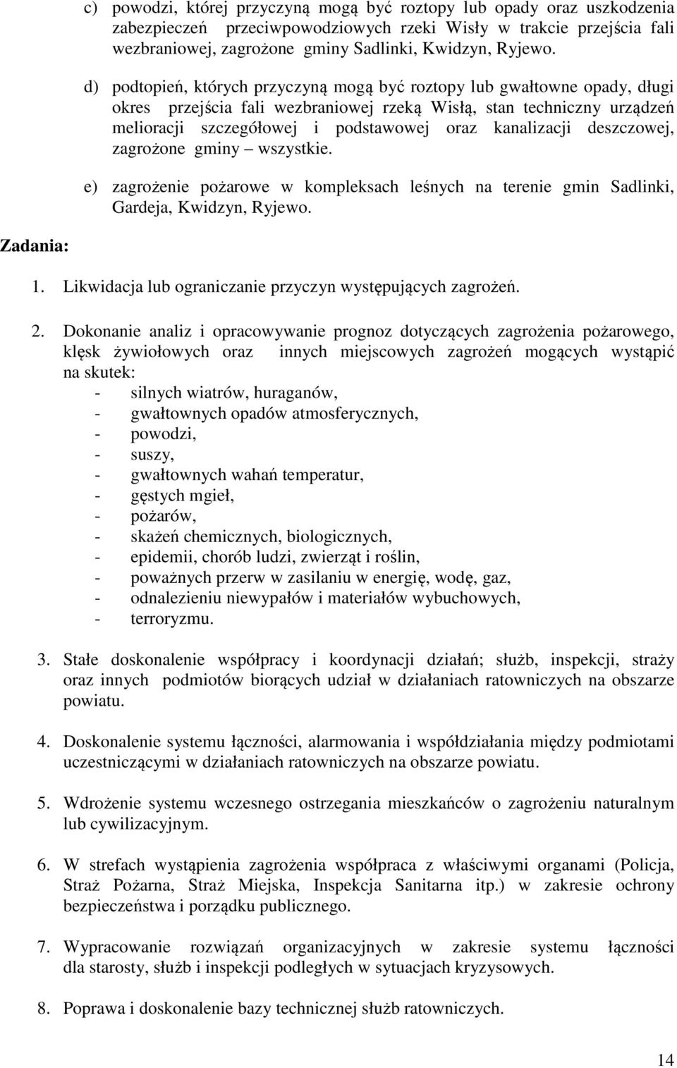 kanalizacji deszczowej, zagrożone gminy wszystkie. e) zagrożenie pożarowe w kompleksach leśnych na terenie gmin Sadlinki, Gardeja, Kwidzyn, Ryjewo. Zadania: 1.