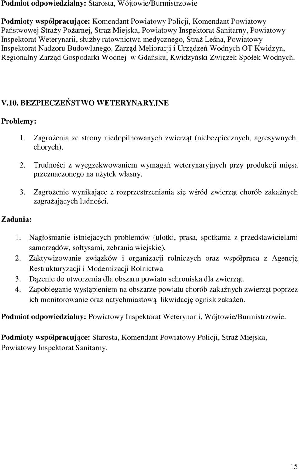 Gospodarki Wodnej w Gdańsku, Kwidzyński Związek Spółek Wodnych. V.10. BEZPIECZEŃSTWO WETERYNARYJNE Zadania: 1. Zagrożenia ze strony niedopilnowanych zwierząt (niebezpiecznych, agresywnych, chorych).